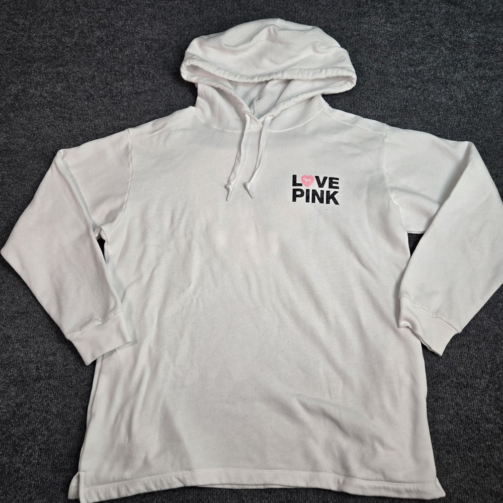 PINK Hoodie Womens Large Originals Pullover White Glitter Graphic Heart Logo